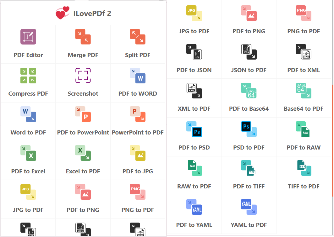 Image displaying various tools of the ILovePDF2 extension
